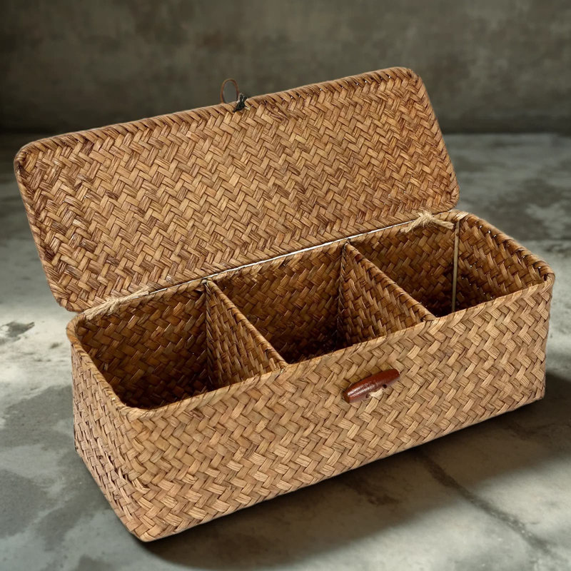 Seagrass Storage Basket With Lid And 3 Compartments, Rectangular Organizer Bin For Shelves In Bathroom, Closet, Kitchen, And Office