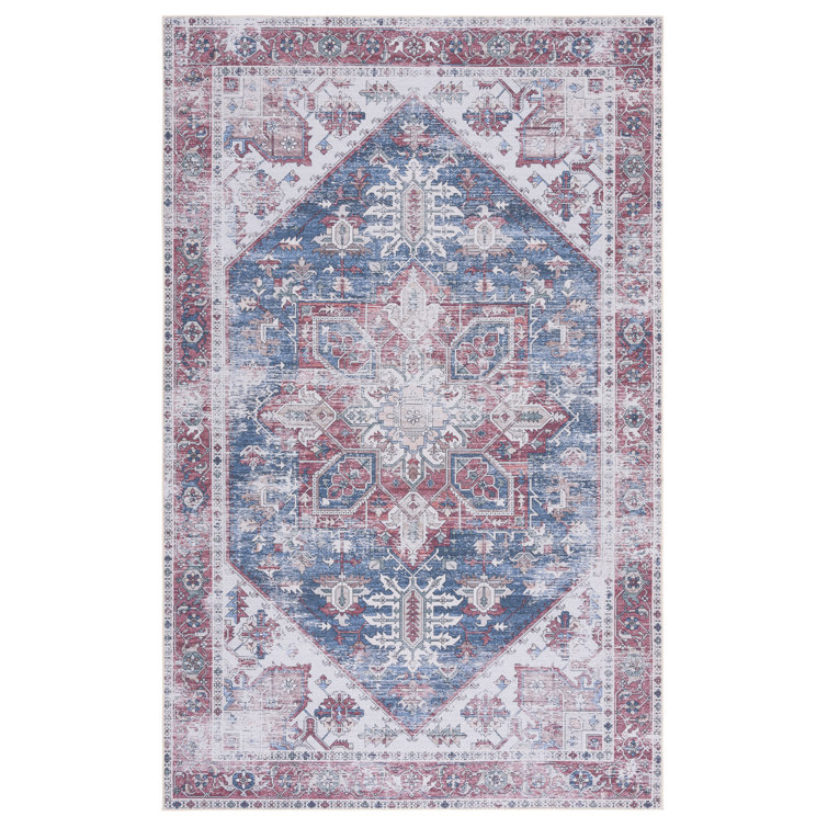 Tucson Vintage Look Machine Washable Non-Slip Area Rug in Blue & Red