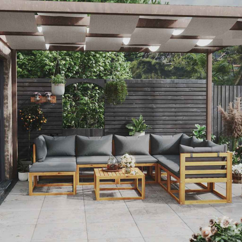 Ensemble de patio 5 pièces avec coussin en bois d'acacia massif, 2x corner + 2x armchair + table, Gris