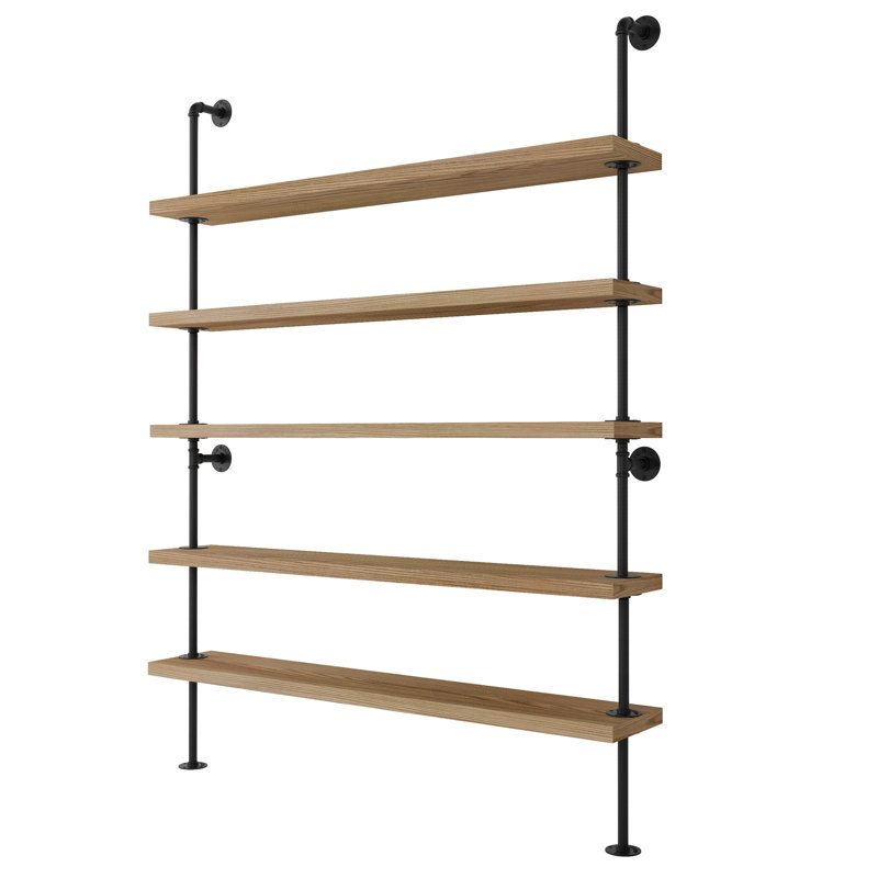 60" X 9.25" Pipe Bookcase, Industrial Book Shelves For Living Room & Office, 1.5" Thick Wooden Shelves For Home Organization, Rustic Decor, 5 Tier, Burnt