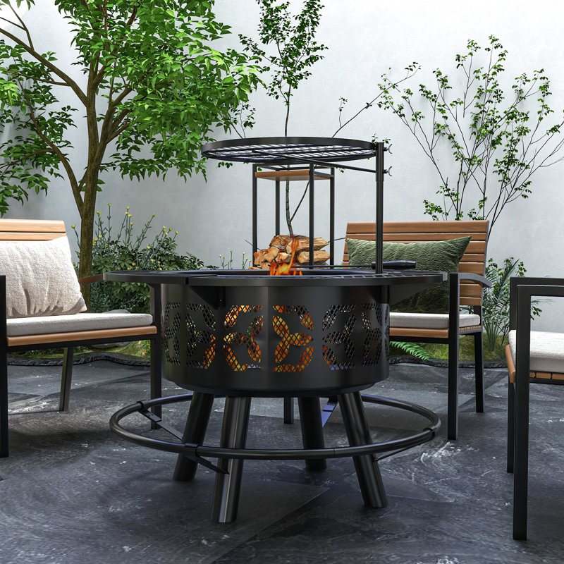 21 Fire Pit, 33" Portable Wood Burning With Adjustable , Pan, , For Backyard, Camping, Patio, Black Bbq Grill Cooking