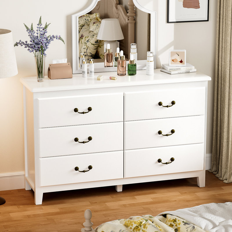 6 Drawer Double Dresser, Large Storage Cabinet Chest of Drawers with Brass Handle for Bedroom, Living room, White
