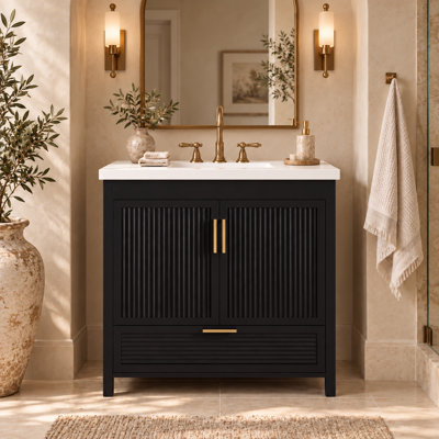 Meuble-lavabo cannelé 36 po avec lavabo en résine et tiroir à extension complète 36 po
