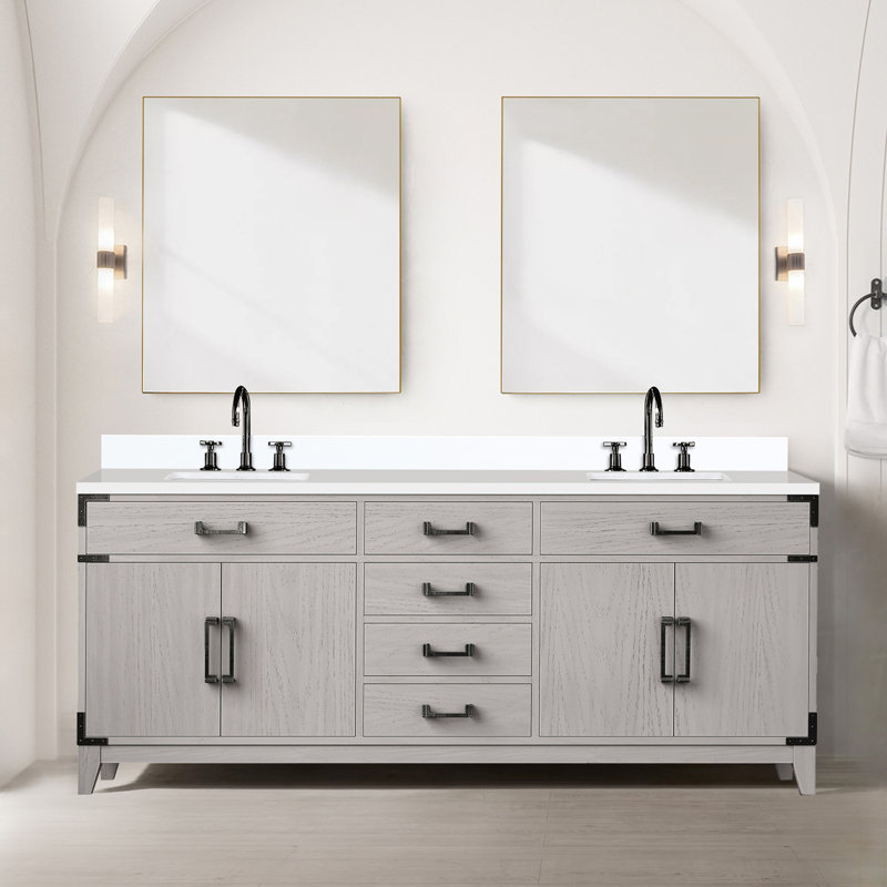 Meuble-lavabo double en chêne blanc 80 po X P 22 po D, plateau en marbre de culture et robinet