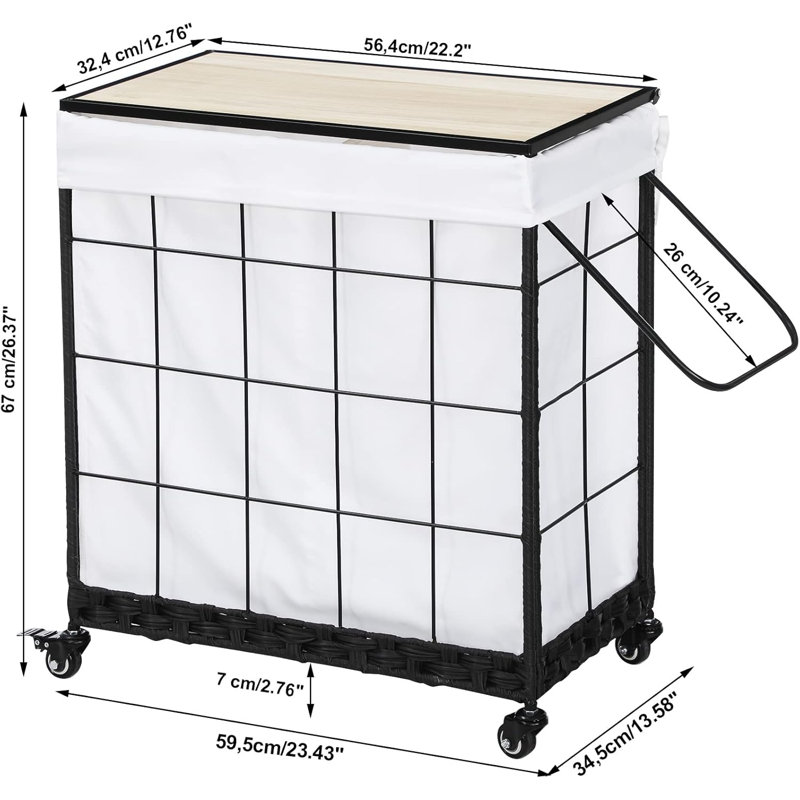Durable Laundry Hamper With Removable Liner Bag, Heavy Duty Wheels, Wood Lid And Metal Handle - Clothes Sorter And Laundry Basket In White