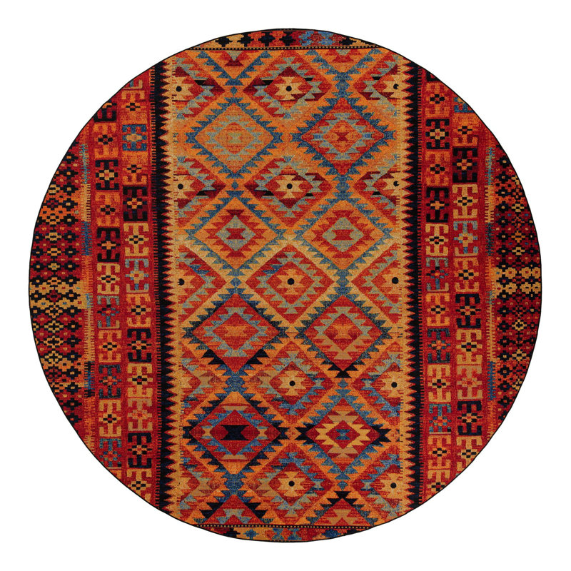 Lidio Southwestern Machine Made Power Loom Polypropylene Indoor / Outdoor Area Rug in Red/Yellow/Blue, Round 12'
