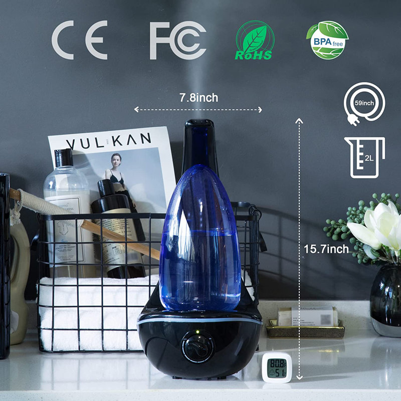 Humidificateur, humidificateur à brume froide de 2 litres, convient aux chambres à coucher, diffuseur d'huile essentielle silencieux et réglable, humidificateur d'air avec veilleuse, convient aux nourrissons, aux bureaux, aux plantes, aux grandes pièc