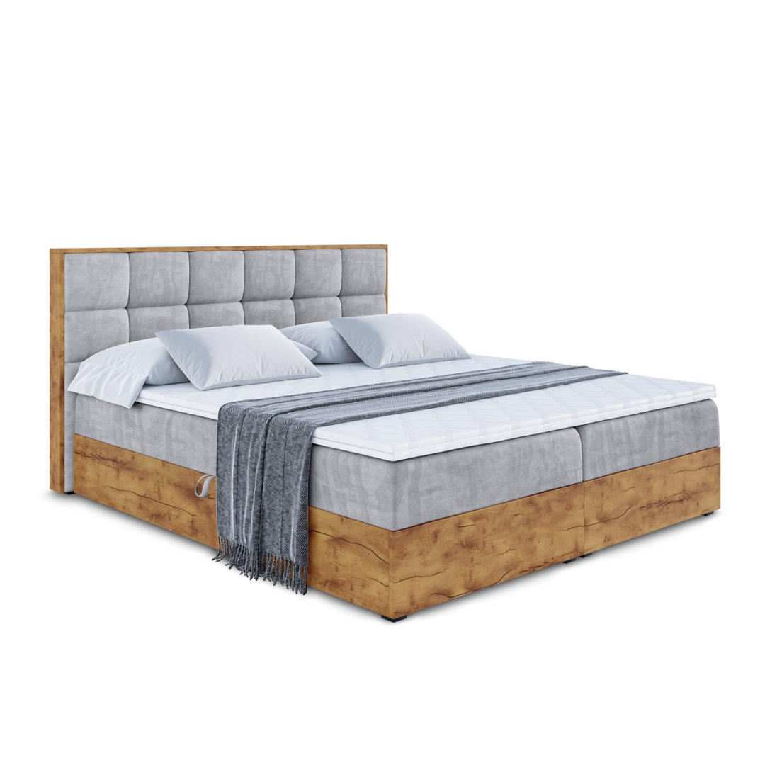 Boxspringbett in Holzoptik mit H3 Bonell-Federkernmatratze, Topper und Bettkasten