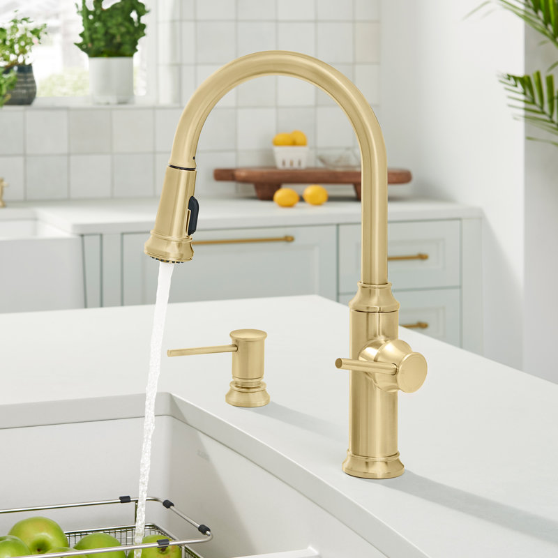 Empressa High Arc Pull-Down Dual-Spray Kitchen Faucet, Satin Gold