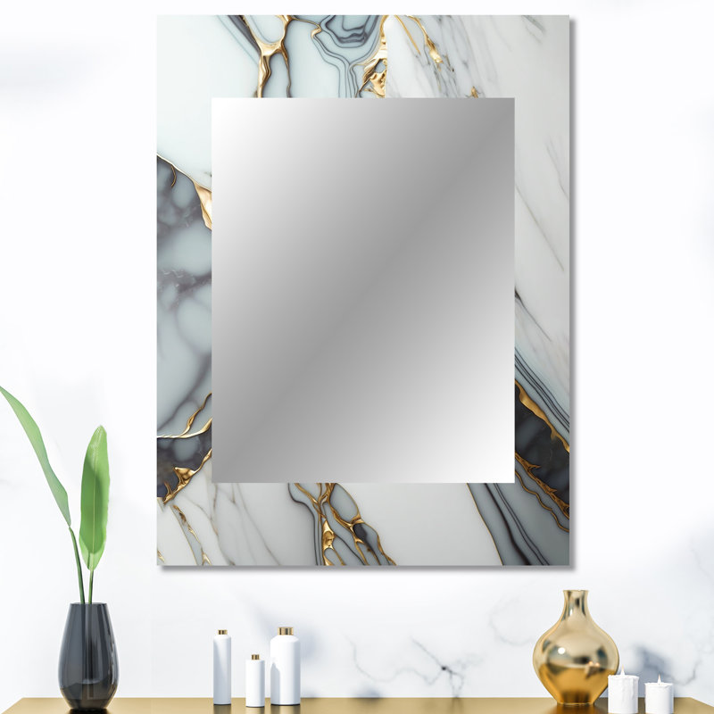 Abstrait géode abstraite en marbre doré et blanc V - grand miroir mural moderne, art imprimé en métal, 40 po x 30 po