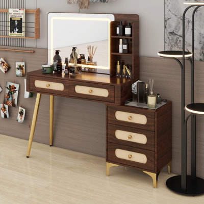 Coiffeuse en rotin rétro avec coiffeuse, miroir lumineux, 5 tiroirs et tablette de rangement