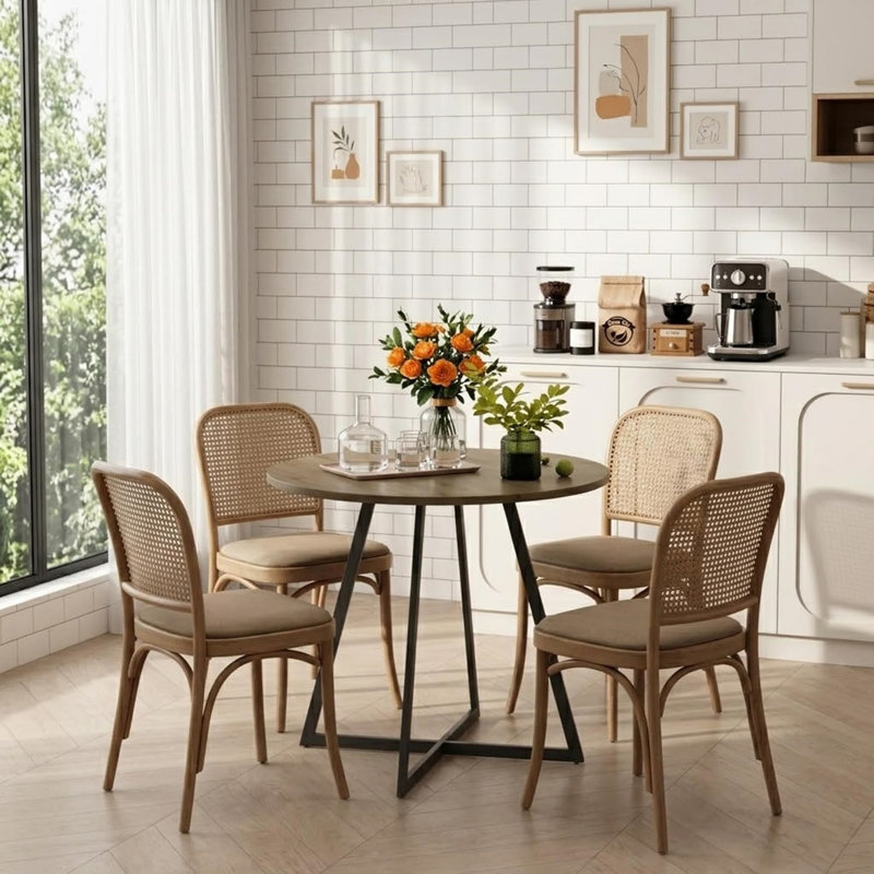 Table de salle à manger ronde 31,5 po pour petite cuisine, table ronde moderne sur pied central avec pattes en métal et plateau aspect bois, table de petit-déjeuner peu encombrante pour 2 à 4 personnes, appartements et coins douillets