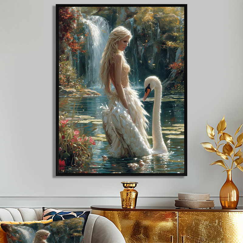 Mystère de la déesse du cygne cascade - femme moderne, art mural dans le salon, Toile noire avec cadre flottant