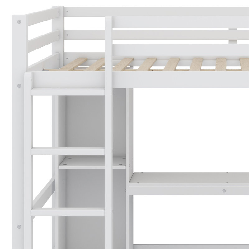 Lit mezzanine double en bois avec bureau sous le lit, lit mezzanine avec tablettes multifonctionnelles, lit en bois massif, aucun sommier nécessaire