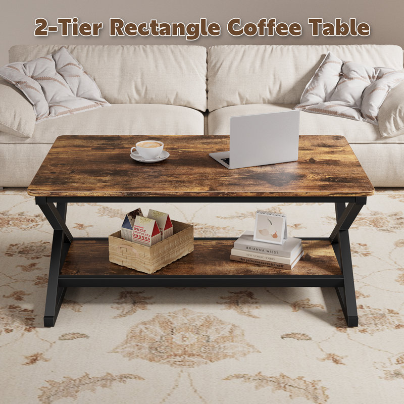 Table basse rectangulaire de 39,4 po de style rustique brun avec tablette de rangement pour le salon, capacité de charge de 350 lb, assemblage facile