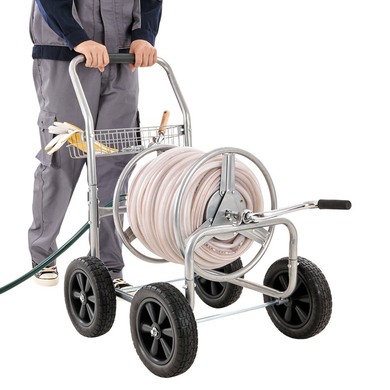 Heavy Duty Silver Steel Garden Hose Reel Cart with Storage Basket