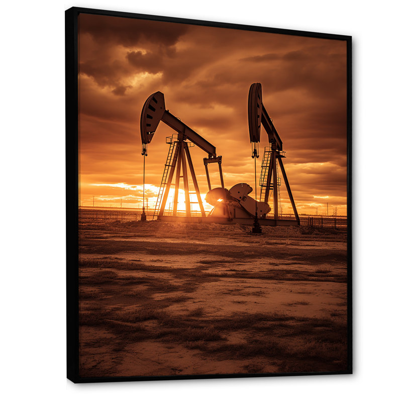 «Sunrise Oil Drilling Rig Horizon», reproduction sur toile, Cadre flottant noir, H 40 po x l 30 po x P 1,5 po