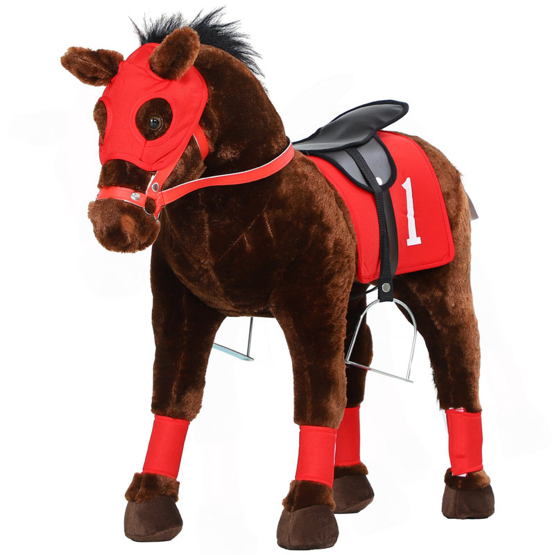 Cheval de course pour enfants de 3 à 8 ans QAB, cheval de course pour tout-petits avec son hennissement, jouet poney avec selle et étriers, brun