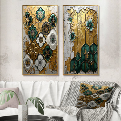 Green And Gold Moroccan Floral Tiles I - Morocco Wall Art 2 Pieces Set