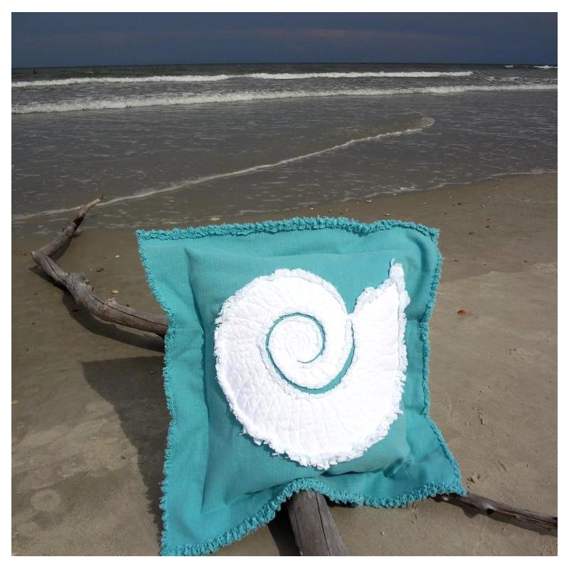 Coastal Frayed Nautilus Applique 100% Cotton Throw Pillow, 22" H x 22" W, Caribbean Blue/White