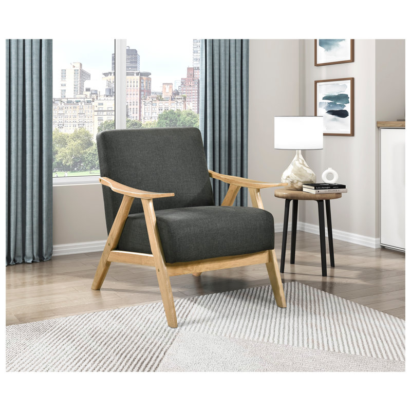 Modern Dark Gray Fabric Upholstered Accent Chair with Natural Solid Rubberwood Frame, Rembourrage en mousse grise