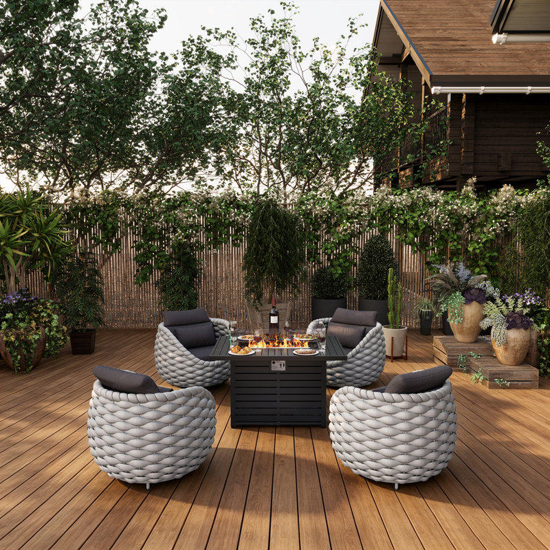 Chaise d'extérieur en osier avec coussins et coussins décoratifs et table de patio, Gris clair, Gris foncé
