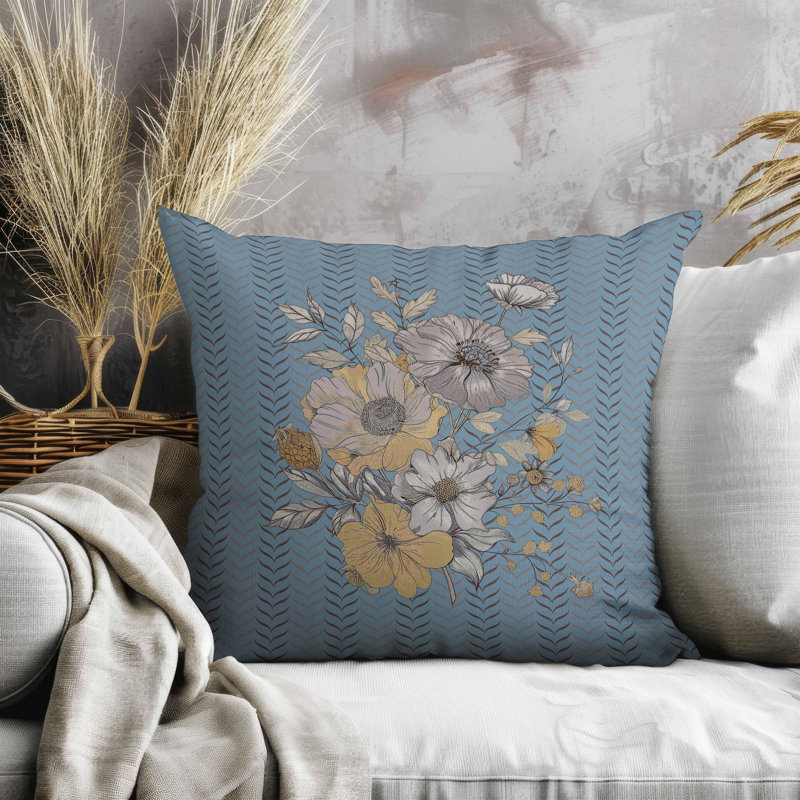 Oreiller en faux suède Misty Meadows, Bleu/jaune, Carré 26 po