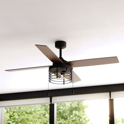 Ventilateur de plafond industriel à montage sur tringle noir de 52 po avec pales réversibles en bois de grève et noyer noir Roehit, ensemble d'éclairage à DEL et chaîne de traction inclus, 3 vitesses, abat-jour tambour en cage métallique