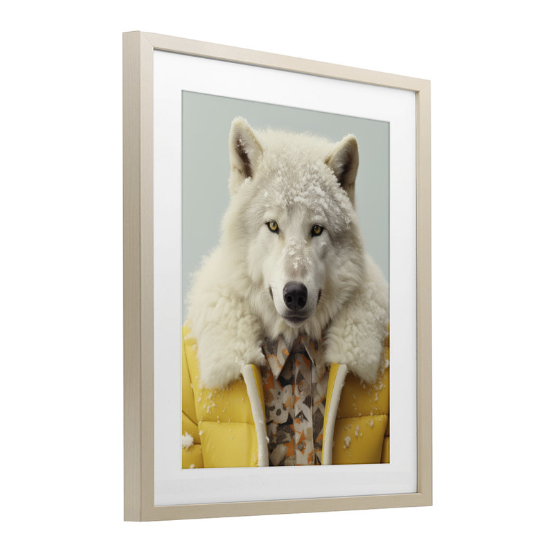 «Snow Wolf Yellow», reproduction sous verre encadrée, design par Ray Powers, Cadre de récolte en pin, H 16 po x l 13 po