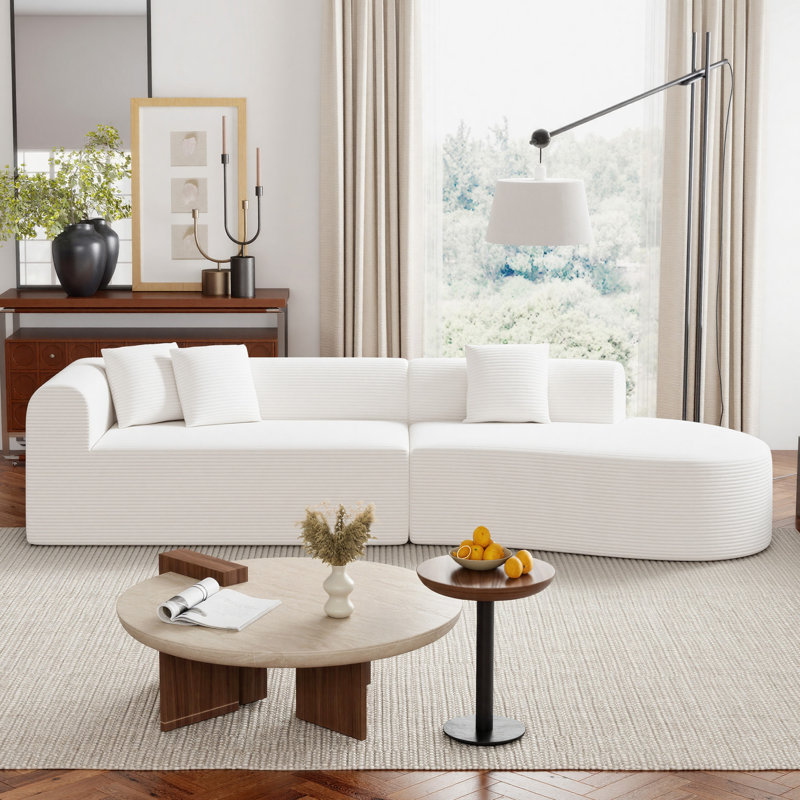 Modern Style Curved Sofa, Upholstery Boneless Corduroy Sofa Couch with 3 Pillows, Oversized Sleek Curved Sectional Boucle Fabric Couch for Living Room