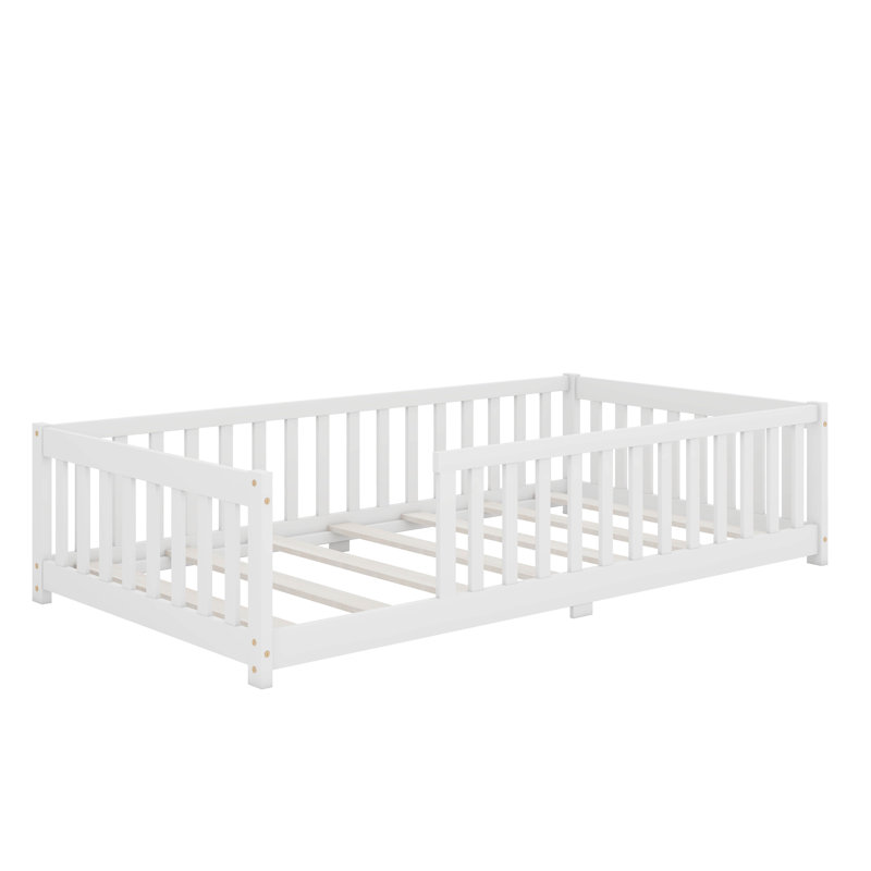 Low-To-The-Ground Twin-Size Floor Bed With Fence No Door Included, White