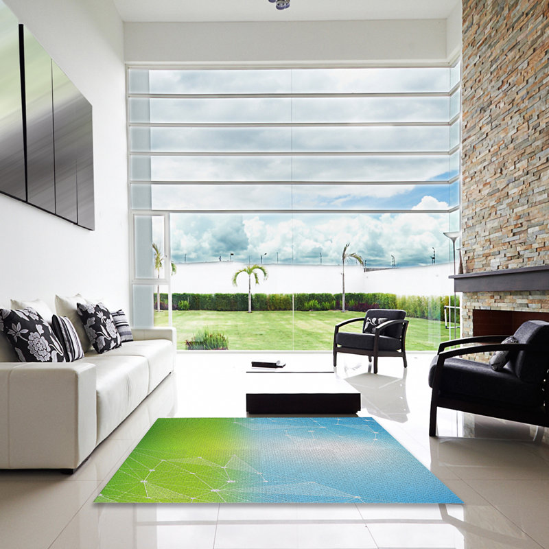 Tapis bleu/vert à motifs, Carré 3 pi