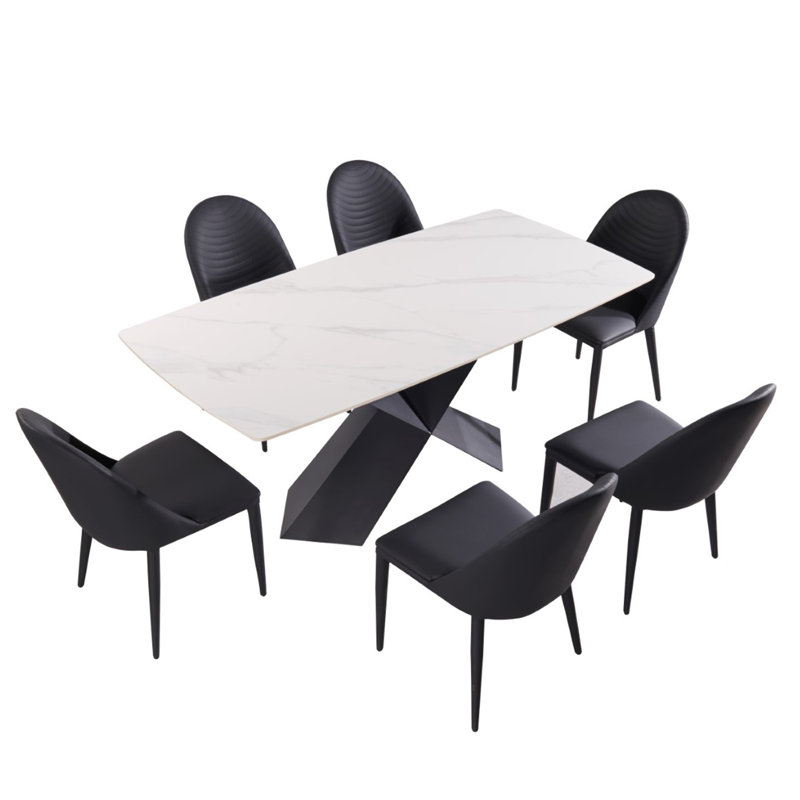 Ensemble de salle à manger 7 pièces avec pieds en métal noir et blanc