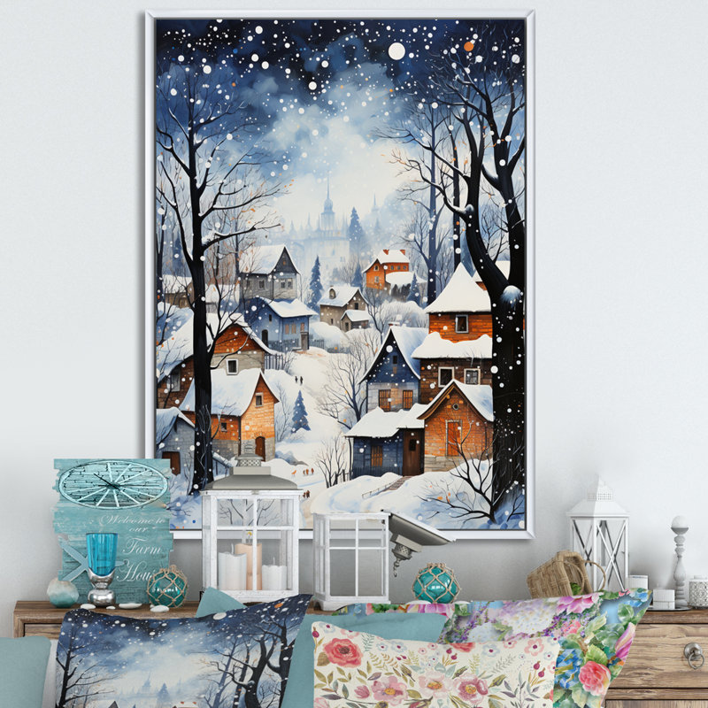 Harmony of Winter Village IV - Décoration murale paysage d'hiver, H 40 po x l 30 po x P 1,5 po, Cadre flottant blanc