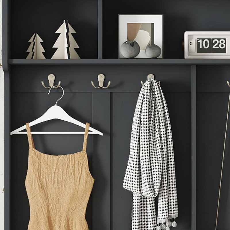 Wood Hall Tree with Metal Hooks, Shoe Storage Cubbies & Bench, Modern Entryway Coat Rack Organizer