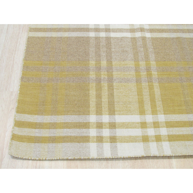 Yellow Hand-Knotted Wool Golden Plaid Weave Geometric Modern Contemporary Carpet Rug, 5' x 8'