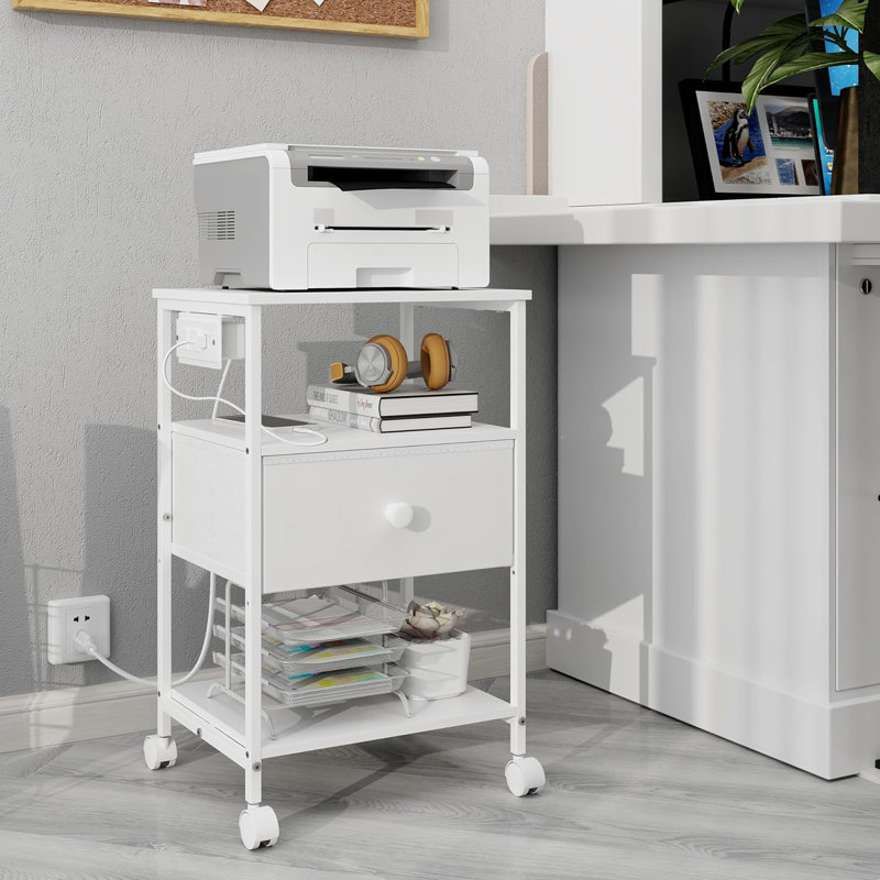 3-Tier Printer Stand With Charging Station, USB Port, Adjustable Open Shelves, And Fabric Drawers For Home Office Organization