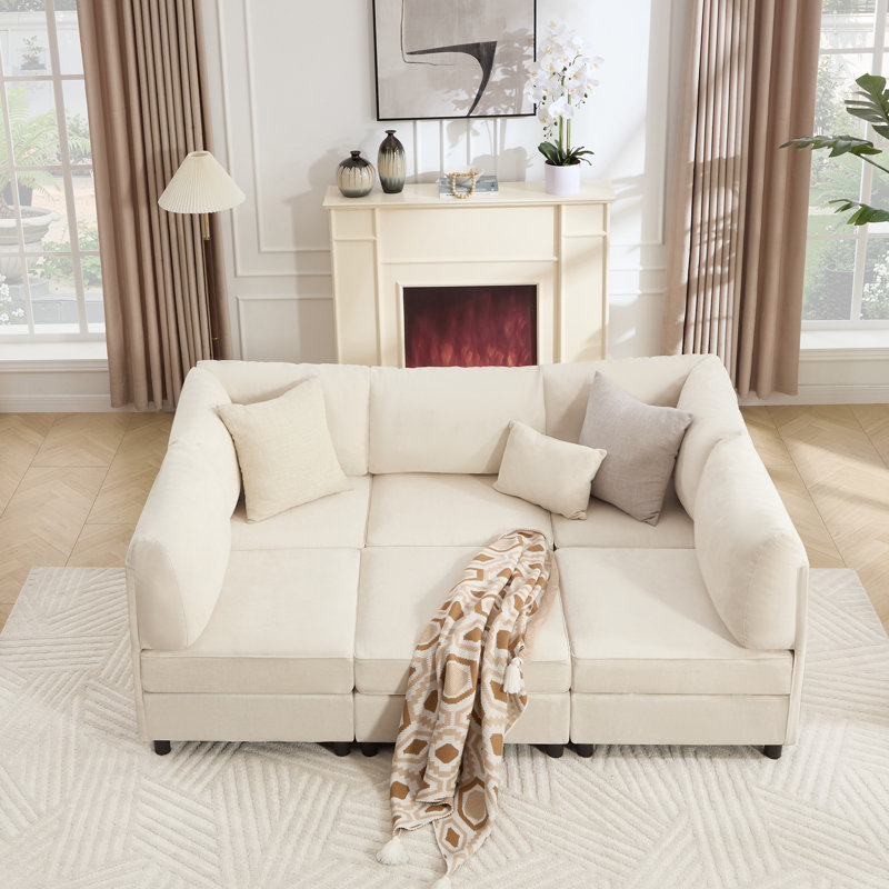 6 Piece Upholstered Sectional Modular Sofa Corner With Ottoman, Beige Polyester Blend