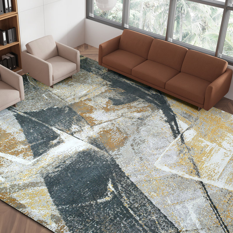 Hand Knotted Abstract Area Rug in Charcoal/Gold/Ivory, Rectangle 8' x 10'