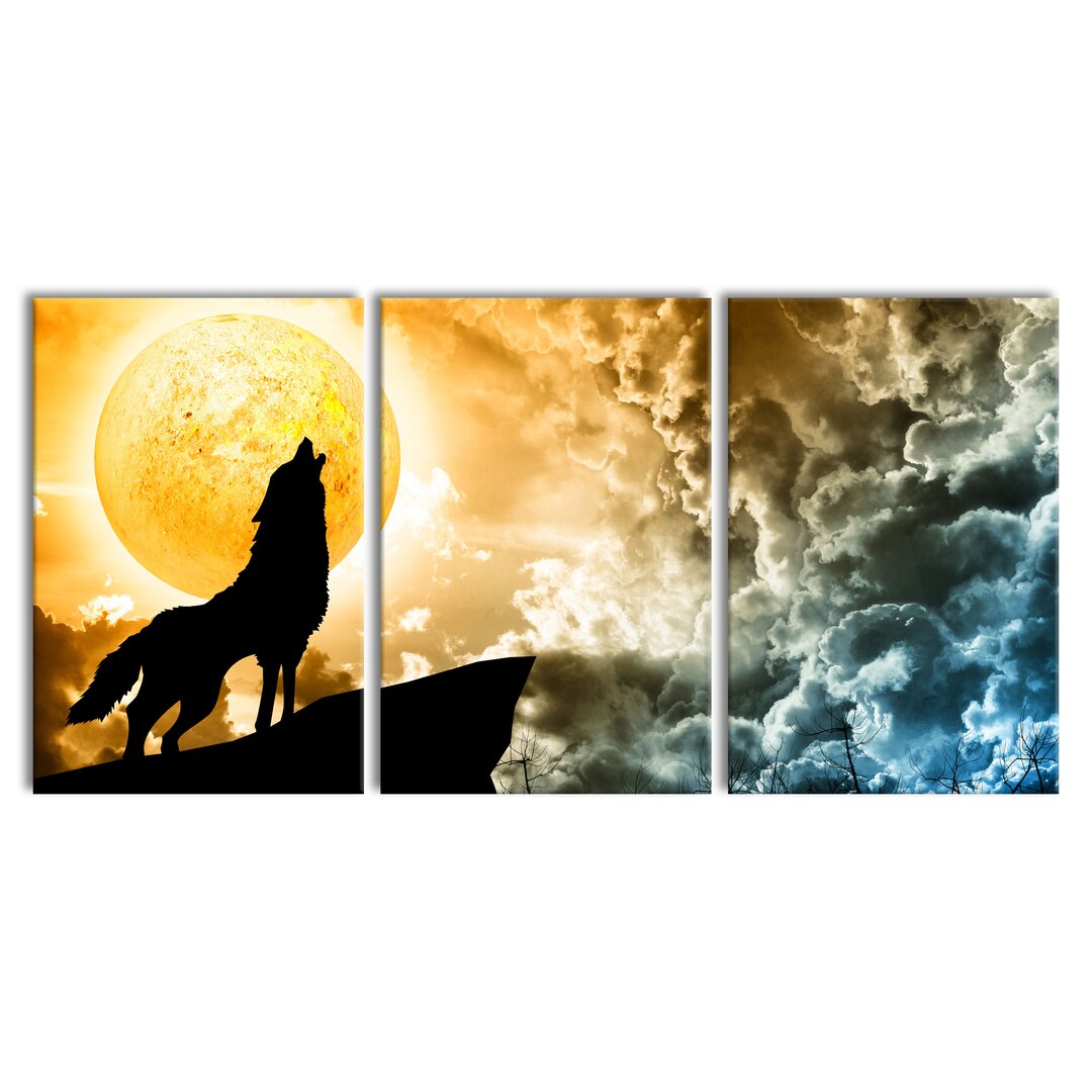 3-tlg. Leinwandbilder-Set Wolf heult den Mond an