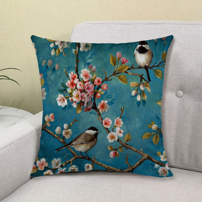 1PC Chinoiserie Pillow Cover, Blue Cherry Blossom Throw Pillow Covers