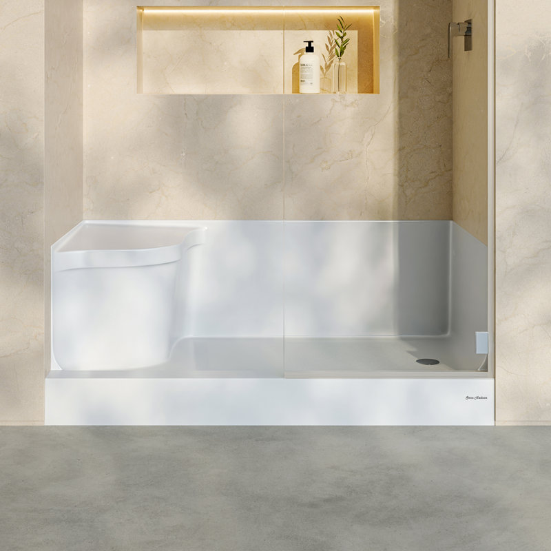 Aquatique 60" x 32" Single Threshold Shower Base With Right Hand Drain and Integral Left Hand Seat in White, White, Right