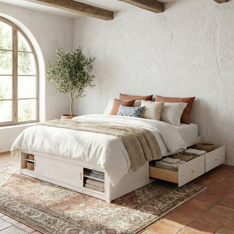 Bed Frame with 4 Drawers, Modern Platform Bed, No Headboard, Queen Size Platform Bed Frame White, White