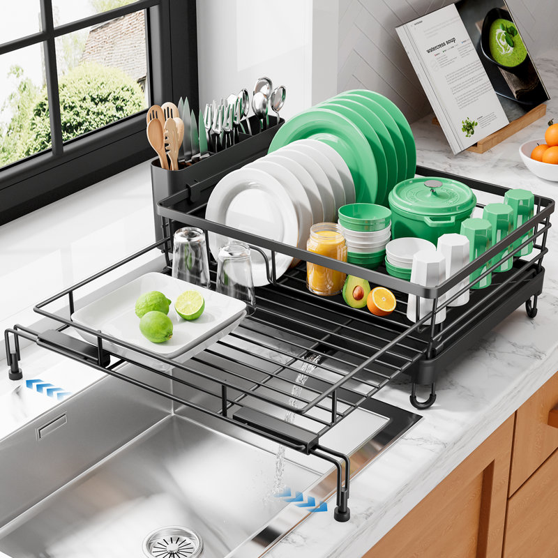 Extendable Dish Drying Rack - Rust-Resistant Dish Racks for Kitchen Counter with Adjustable Support Legs, Cutlery Holder & Removable Draining Tray (Black, 15.6''-25.2''L × 16.9''W × 8.1''H)