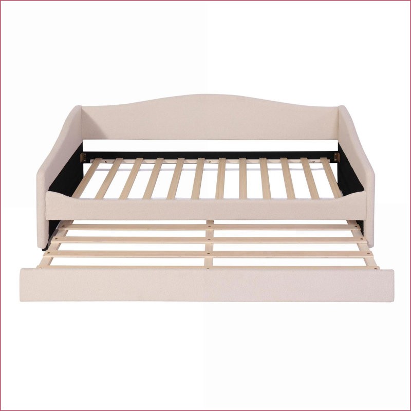Twin Size Teddy Fleece Upholstered Daybed with LED Light &amp; Trundle, Beige – No Box Spring Needed, Beige