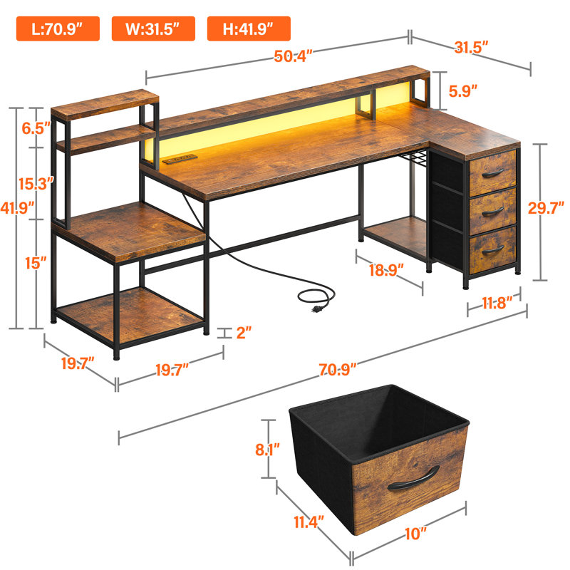 71"w Led L-shaped Computer Desk,gaming Desk With Power Outlet,home Office Desk With Monitor Stand, Brown