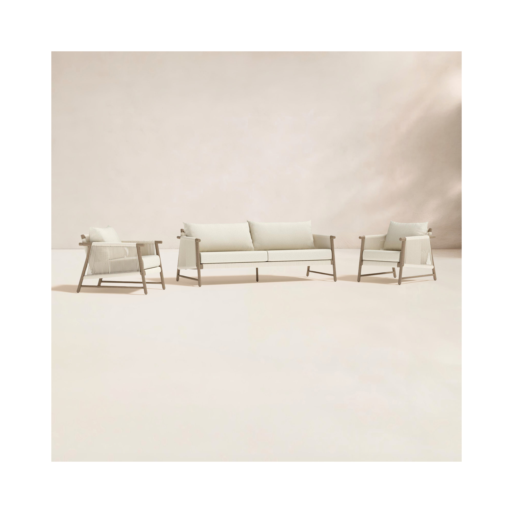 Naomie 3 Piece Acacia Wood Outdoor Patio Sofa Set With Rope Wicker - Olefin Linen