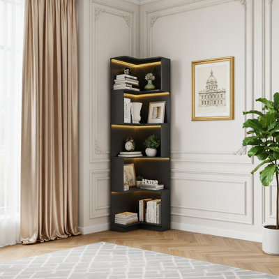 Bibliothèque d'angle à 4 niveaux avec tiroirs et lumières DEL, tablette en L peu encombrante pour la maison et le bureau