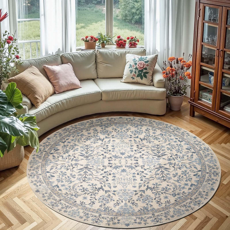 Floral Machine Washable Area Rug, Round 6', Blue