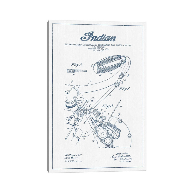 Indian Motorcycle Grip-Operated Controlling Mechanism For Motorcycles Patent Sketch (Ink) by Aged Pixel - Wrapped Canvas Painting
